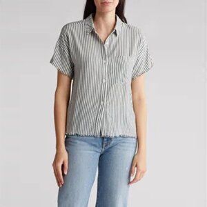 INDUSTRY Frayed Sleeves Camp Shirt In Green/white Stripe‎ Size Medium